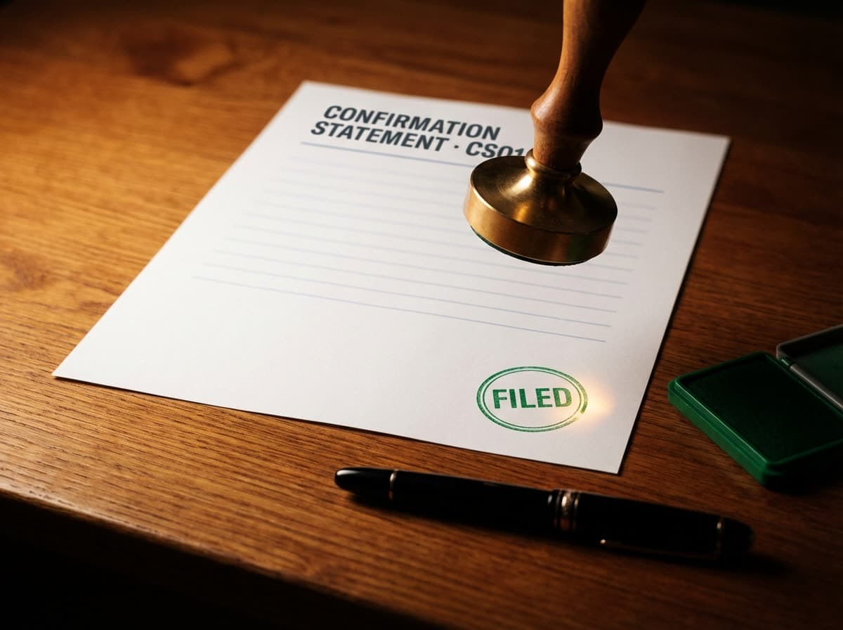 Brass stamp pressing a green FILED mark onto a CS01 confirmation statement on a warm oak desk.