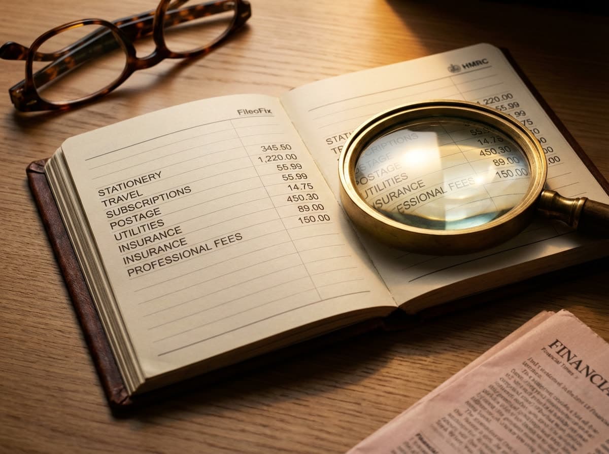 Open leather ledger with a brass magnifying glass over a column of account lines.
