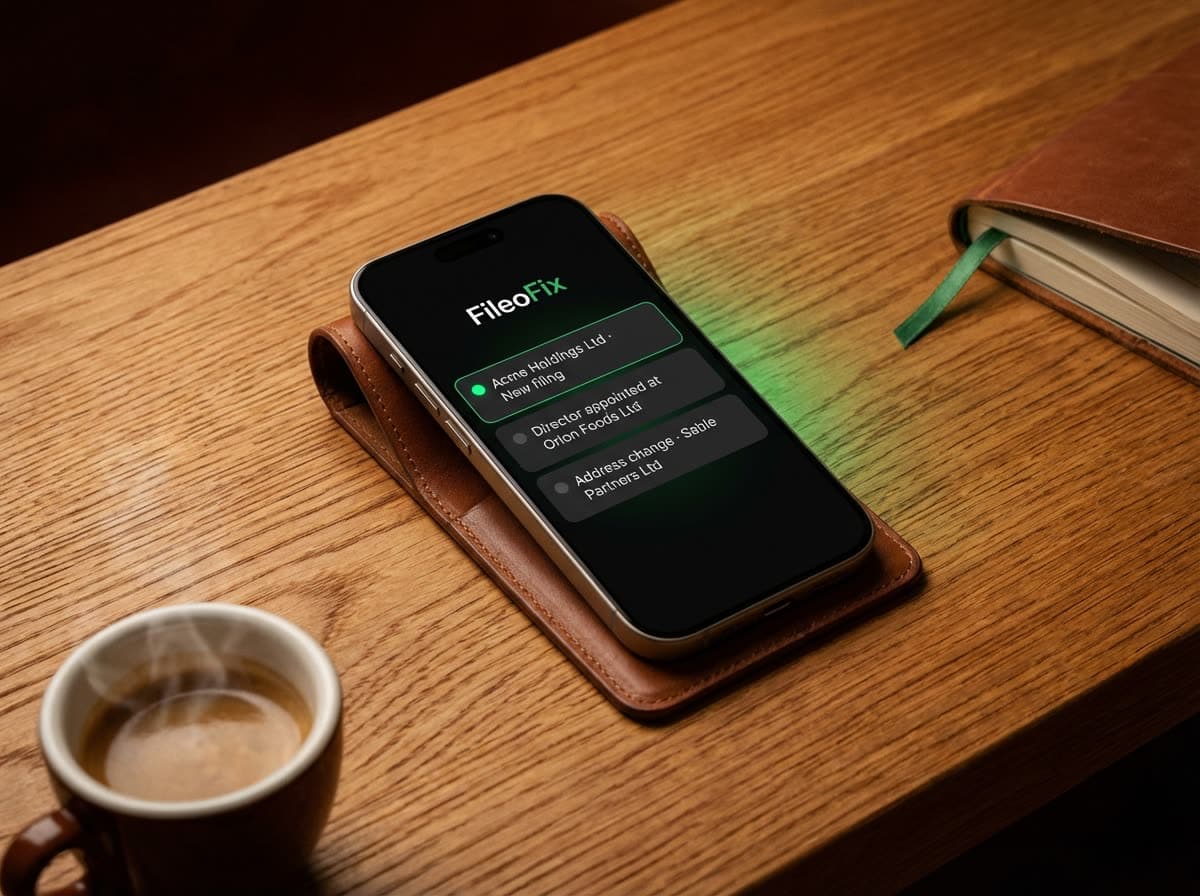iPhone propped on a leather stand showing the FileoFix monitoring feed with alert cards.